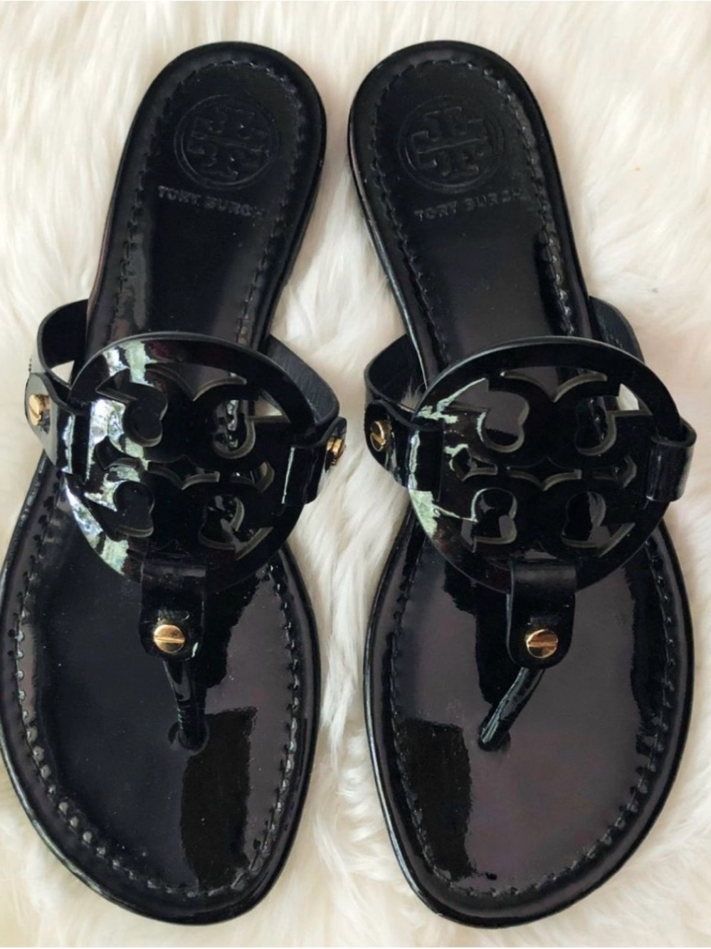 Tory Burch Black Patent Logo Thong Sandals